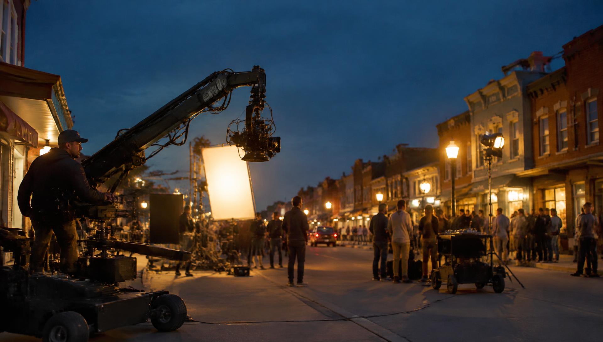 A film crew and camera crane preparing a night scene on a small-town street