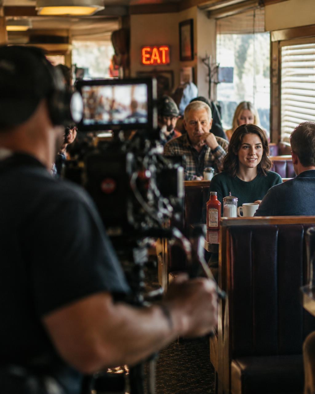 A camera operator filming background performers in a diner booth